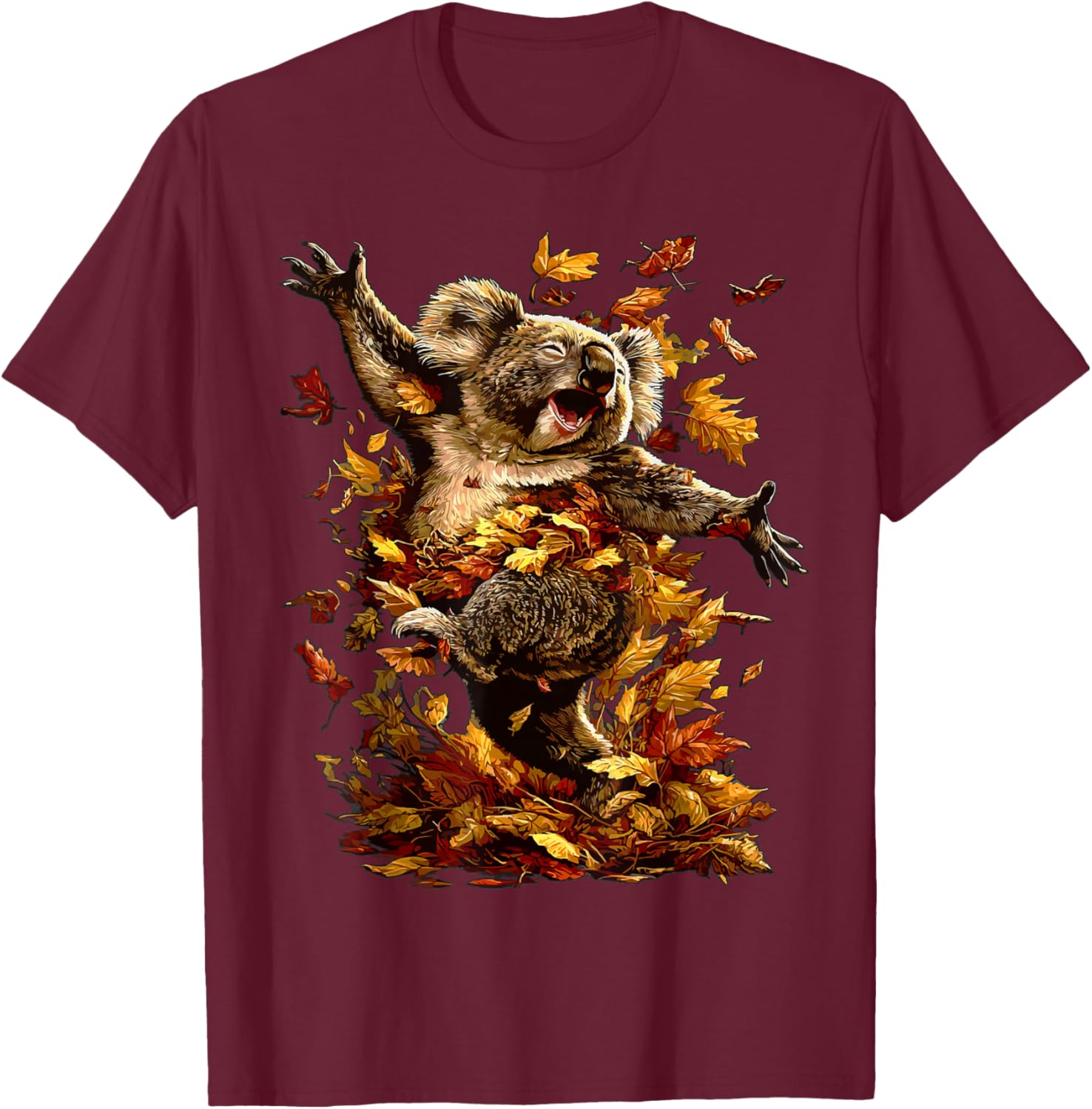Cute Koala with Fall Leaves Forest Animal Autumn Aesthetic T-Shirt - T-Shirt | Maroon