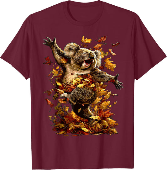 Cute Koala with Fall Leaves Forest Animal Autumn Aesthetic T-Shirt - T-Shirt | Maroon