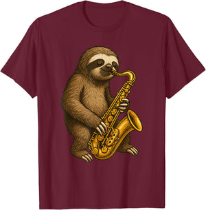 Cute Sloth Playing Saxophone Sloths Musician Music T-Shirt - T-Shirt | Maroon