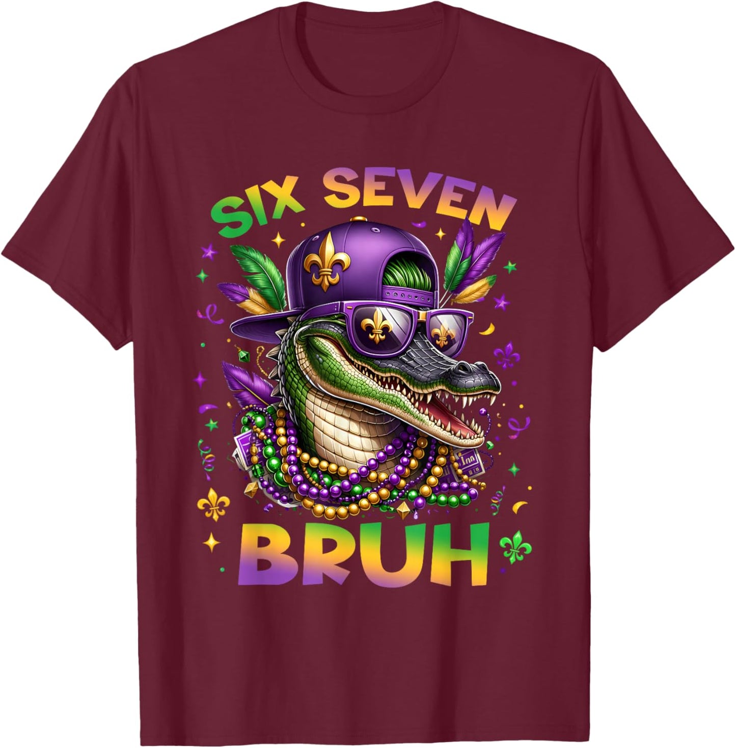 Mardi Gras Six Seven Bruh Mardigator Alligator 6 7 Meme Boys T-Shirt - T-Shirt | Maroon
