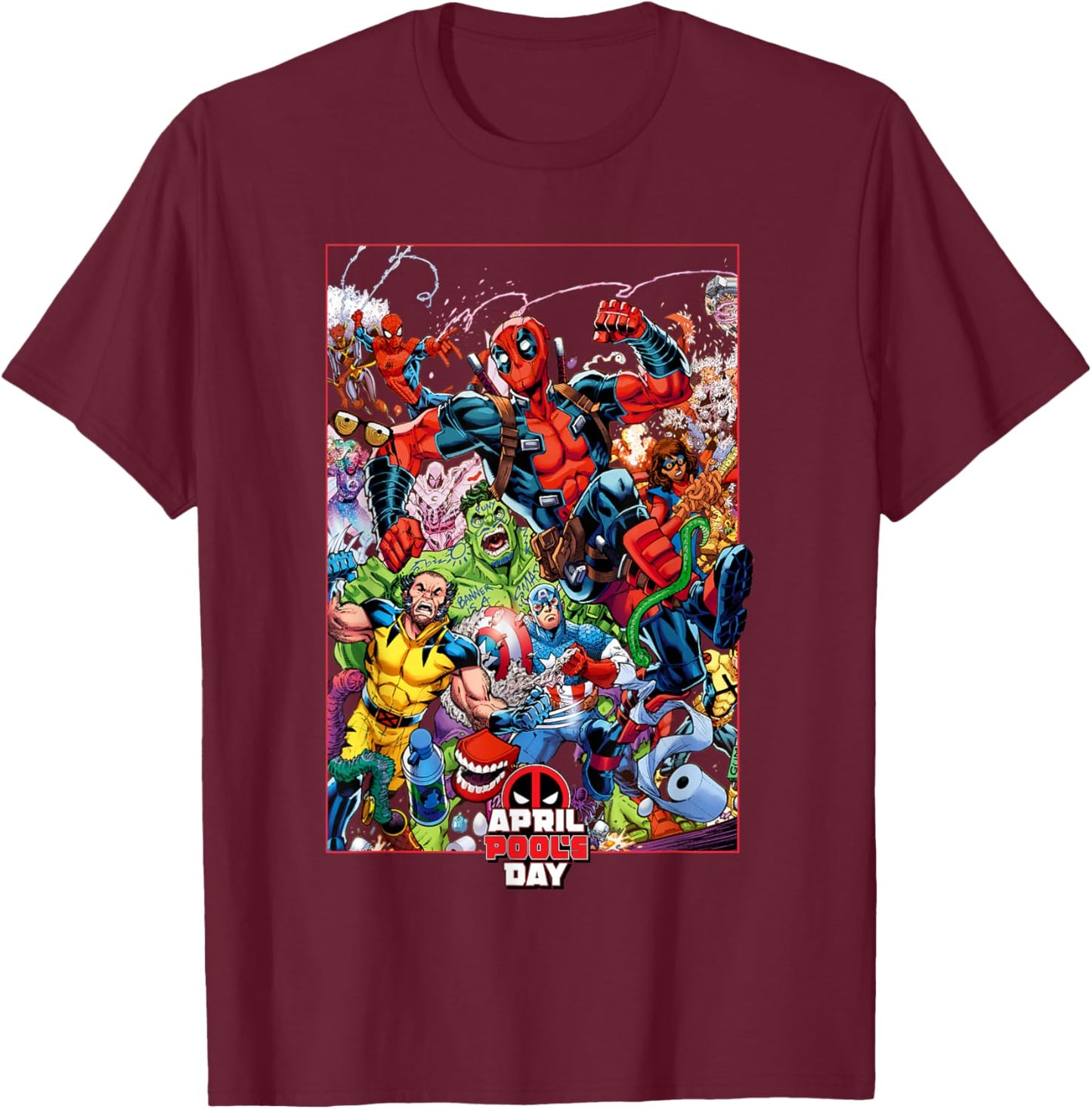 Marvel Comics Deadpool April Pool’s Day Hero Group Poster T-Shirt - T-Shirt | Maroon