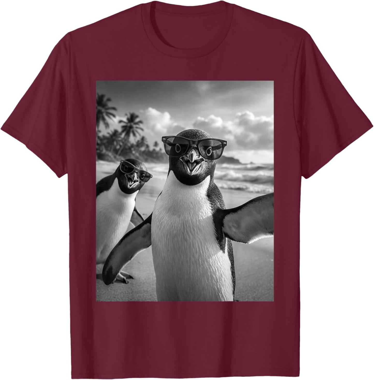 Cool Penguin Selfie at The Beach, Cute Penguins T-Shirt - T-Shirt | Maroon