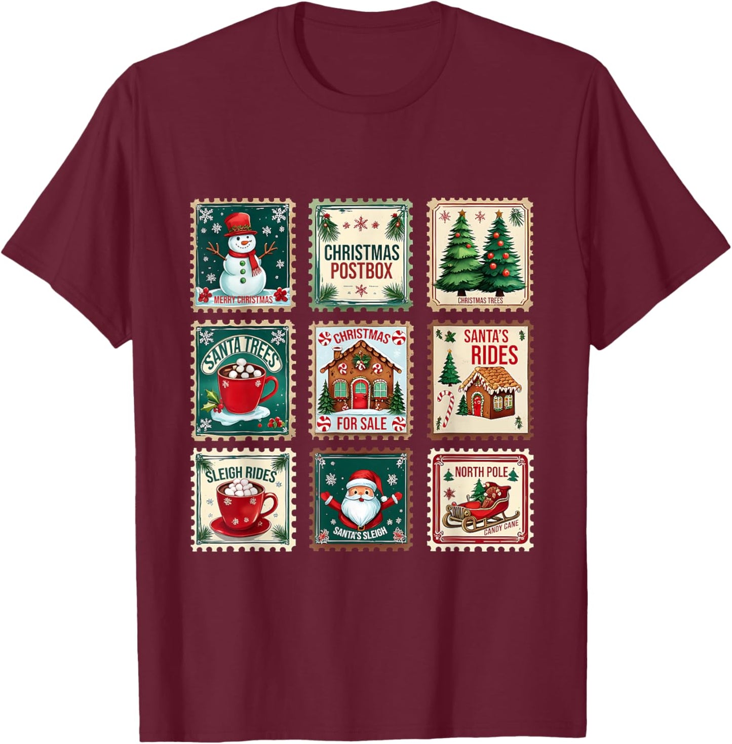 Vintage Christmas Postage Stamp Holiday Design T-Shirt - T-Shirt | Maroon