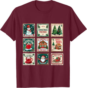 Vintage Christmas Postage Stamp Holiday Design T-Shirt - T-Shirt | Maroon