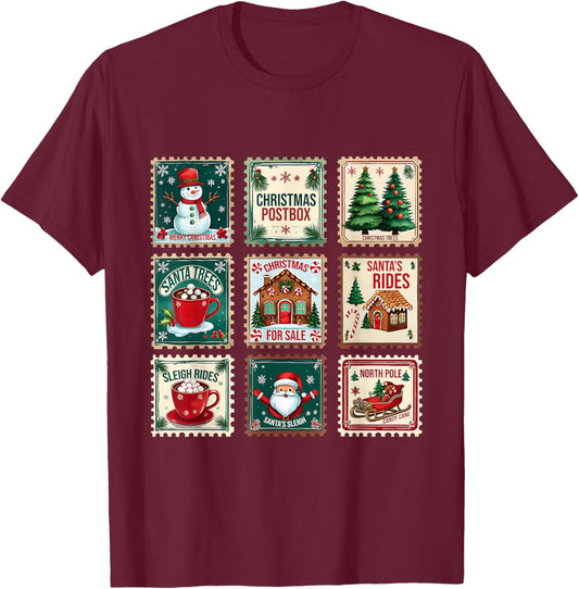 Vintage Christmas Postage Stamp Holiday Design T-Shirt - T-Shirt | Maroon
