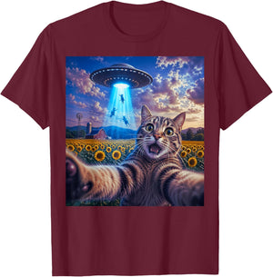 Cat Selfie with Alien UFO Funny Cat Gifts Women Kid T-Shirt - T-Shirt | Maroon
