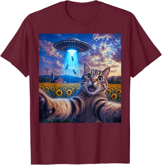 Cat Selfie with Alien UFO Funny Cat Gifts Women Kid T-Shirt - T-Shirt | Maroon