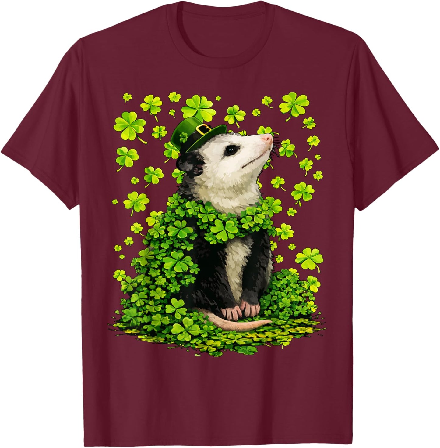 Lucky Opossum with Shamrocks Clovers St Patricks Day Possum T-Shirt - T-Shirt | Maroon