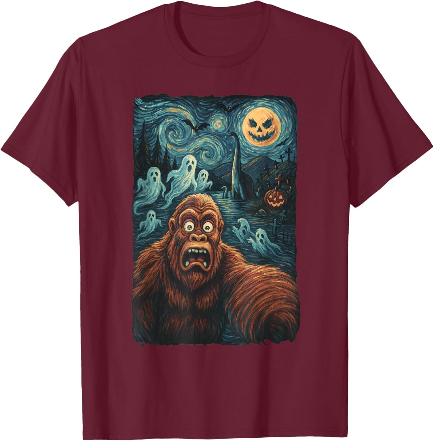 Bigfoot Selfie Shirt Starry Night Halloween Ghosts T-Shirt - T-Shirt | Maroon