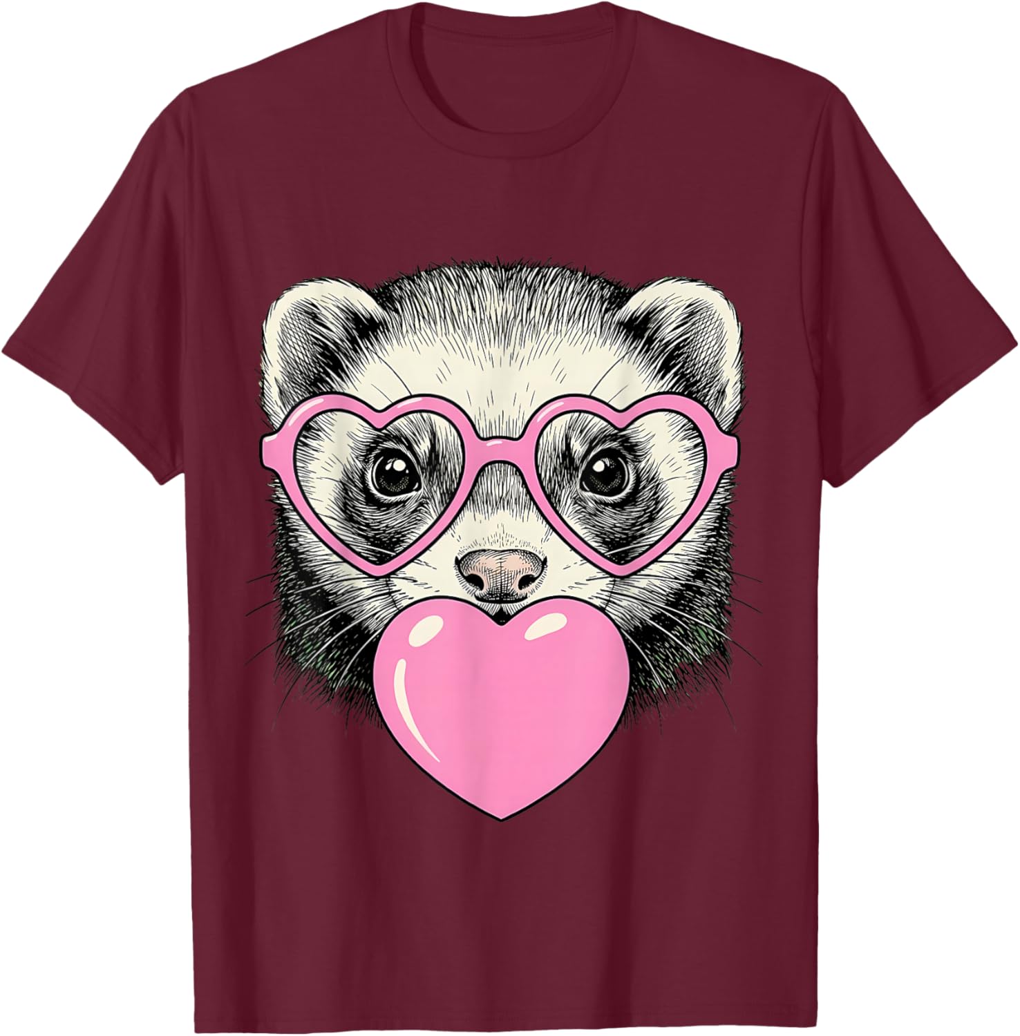 Cute Ferret Blowing Pink Valentine Heart Bubble Gum T-Shirt - T-Shirt | Maroon
