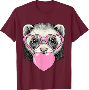 Cute Ferret Blowing Pink Valentine Heart Bubble Gum T-Shirt - T-Shirt | Maroon