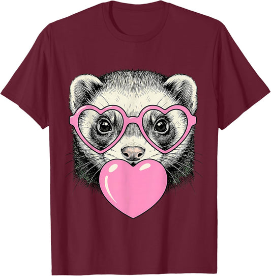 Cute Ferret Blowing Pink Valentine Heart Bubble Gum T-Shirt - T-Shirt | Maroon