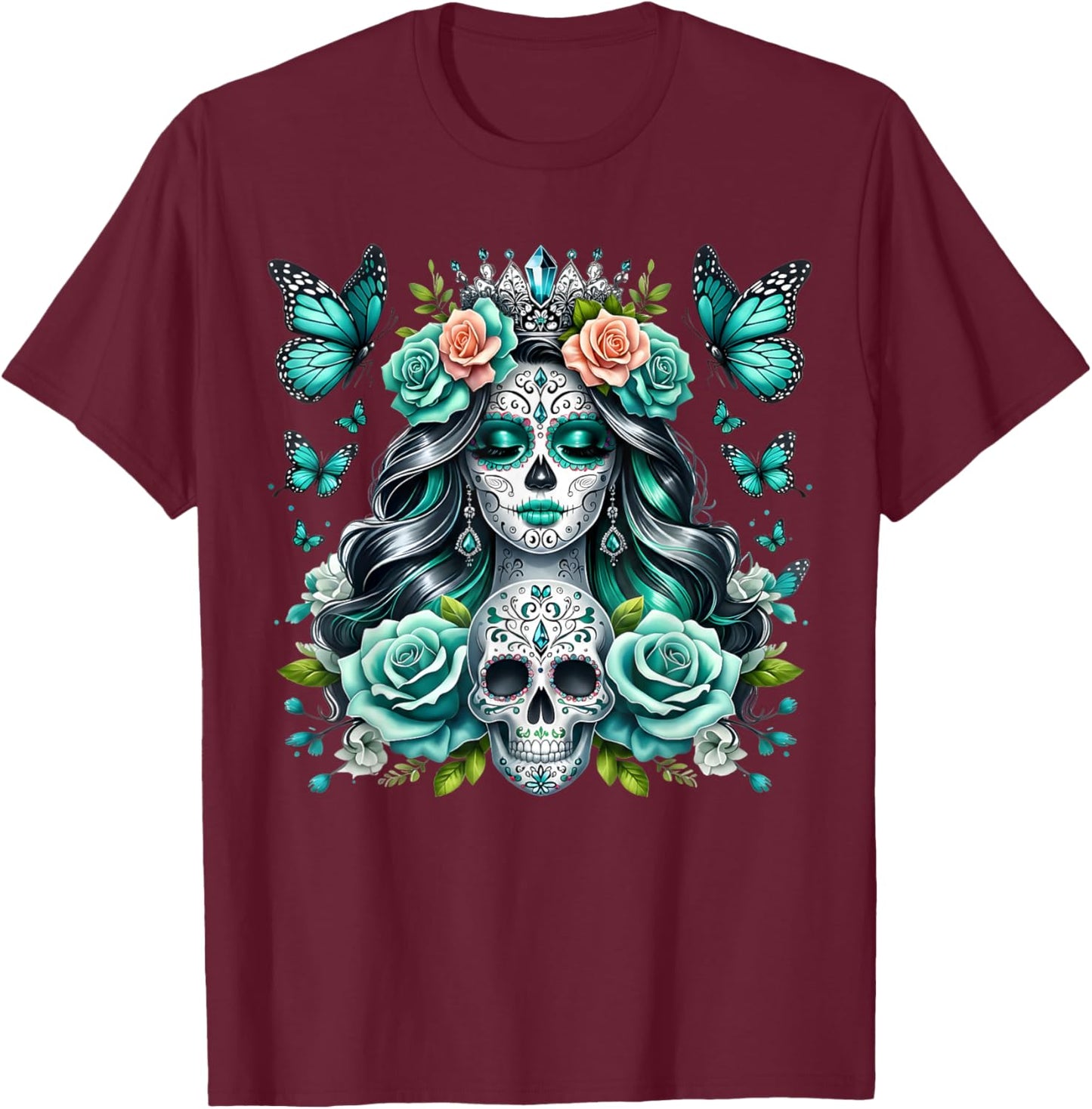 De Los Muertos La Catrina Day of The Dead Floral Sugar Skull T-Shirt - T-Shirt | Maroon