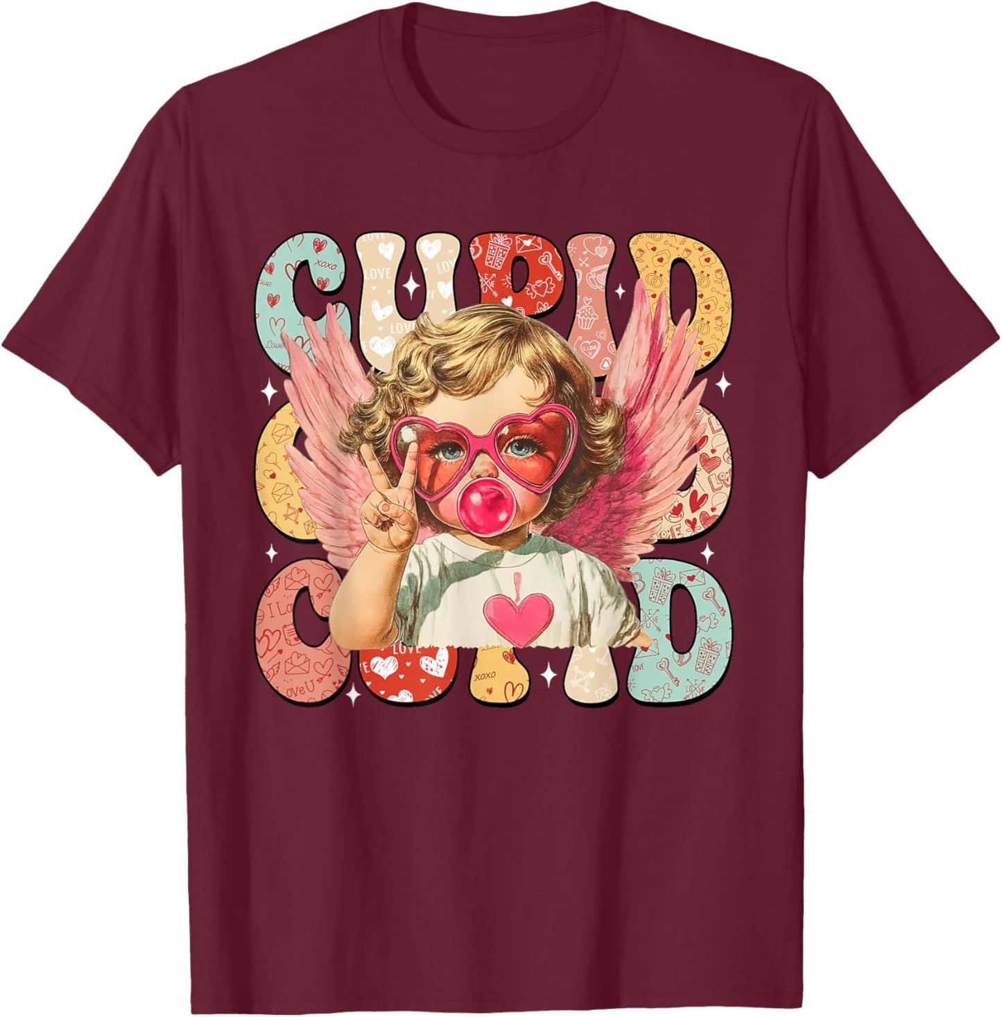 Vintage Cupid Blowing Bubble Gum Heart Sunglasses Valentines T-Shirt - T-Shirt | Maroon