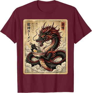 Vintage Japanese Dragon Eating Ramen Art Graphic Noodles T-Shirt - T-Shirt | Maroon
