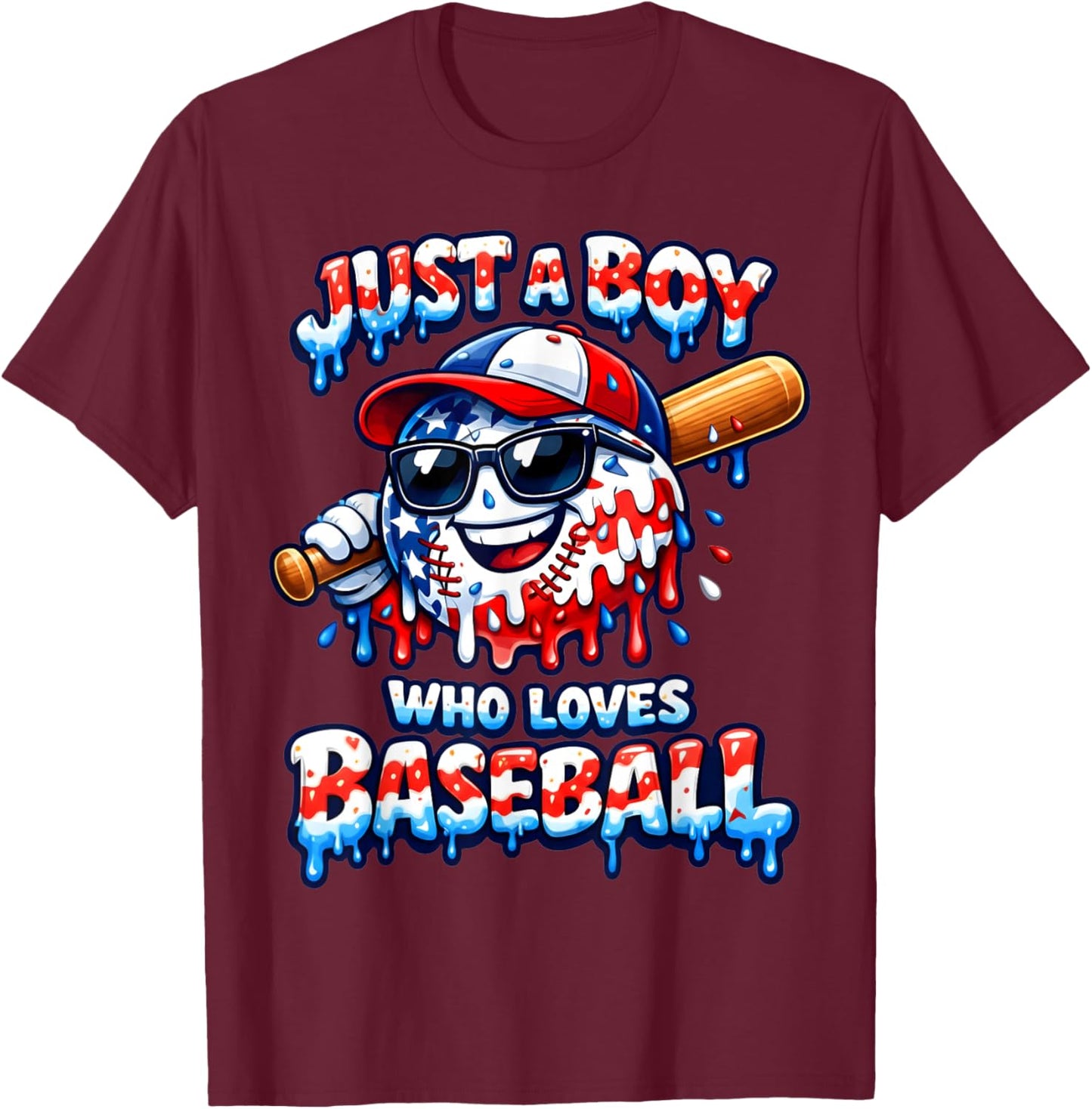 Just A Boy Who Loves Baseball Patriotic Drip for Youth Boys T-Shirt - T-Shirt | Maroon