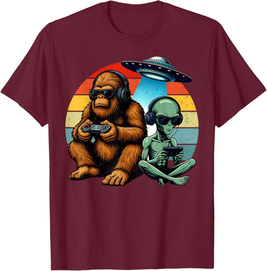 Funny Bigfoot Alien Gaming Game Retro Men Boy Kid T-Shirt - T-Shirt | Maroon