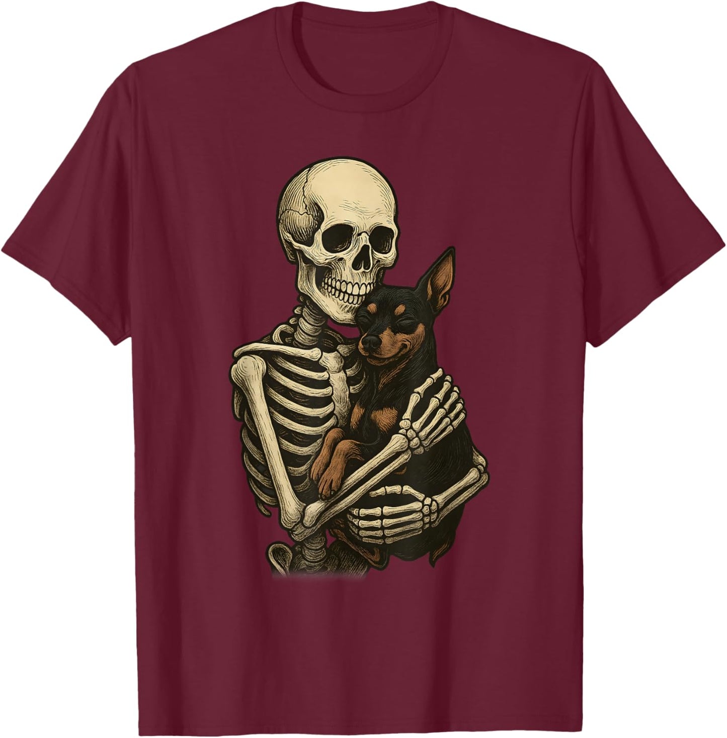 Skeleton Hugging Dog Miniature Pinscher Funny Halloween T-Shirt - T-Shirt | Maroon