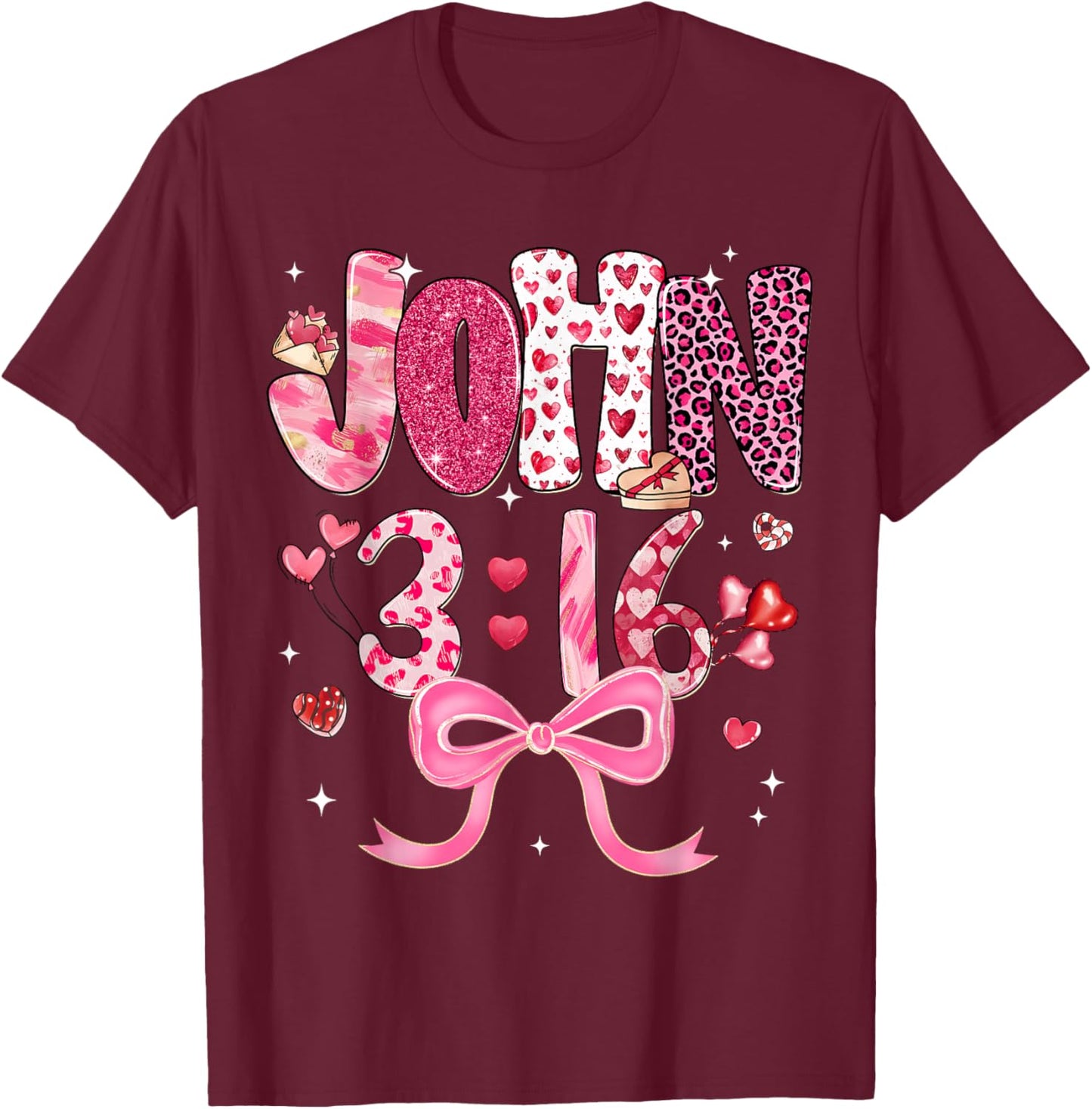 Valentine John 3:16 Coquette Bow Christian Girl Women Kid T-Shirt - T-Shirt | Maroon
