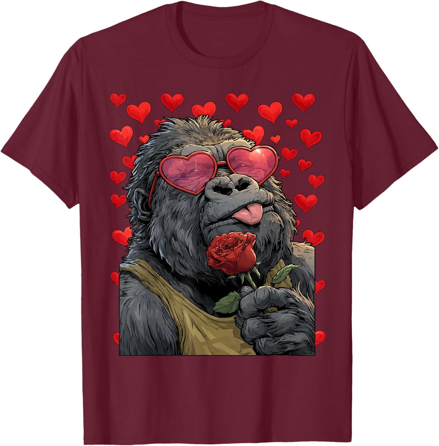 Cute Gorilla with Heart Glasses Rose Valentine's Day Animal T-Shirt - T-Shirt | Maroon
