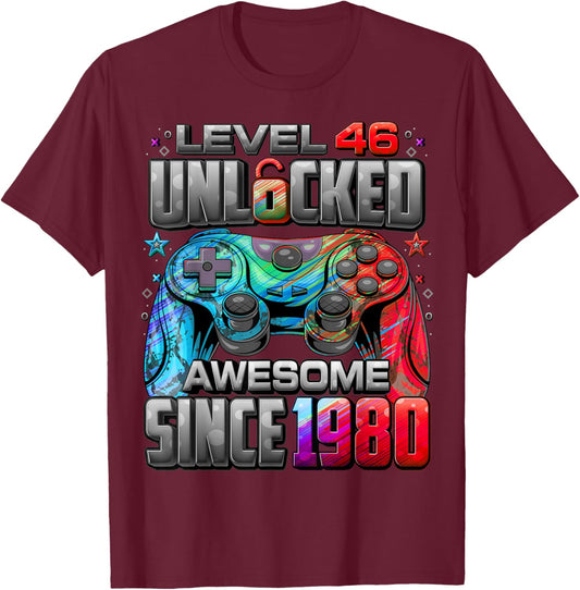 Level 46 Unlocked Awesome Since 1980 46th Birthday Gaming T-Shirt - T-Shirt | Maroon