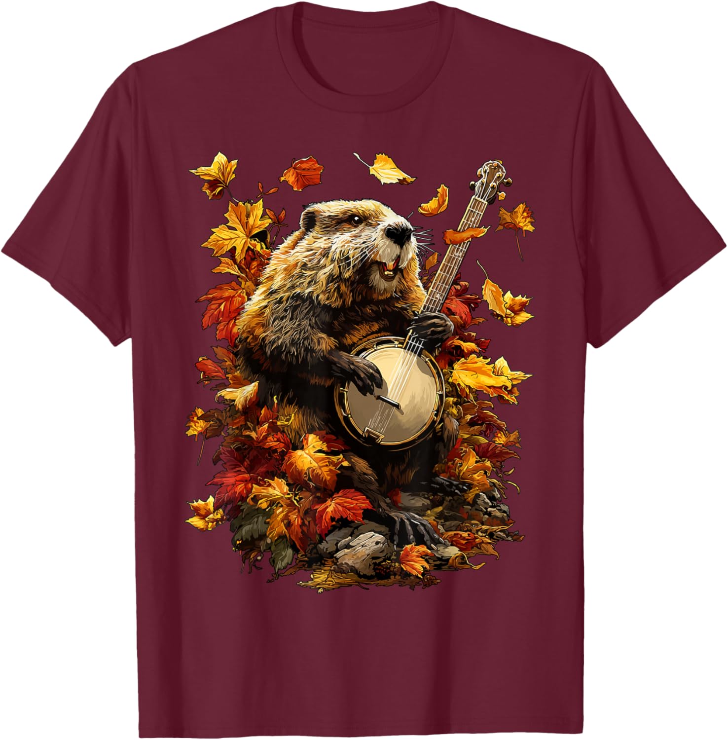 Banjoist Beaver Playing Banjo Picker Fall Leaves Autumn T-Shirt - T-Shirt | Maroon
