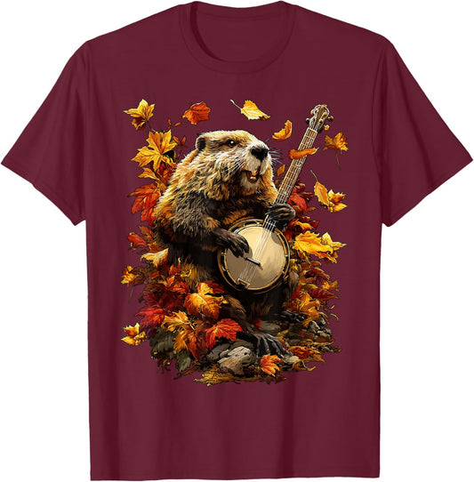 Banjoist Beaver Playing Banjo Picker Fall Leaves Autumn T-Shirt - T-Shirt | Maroon