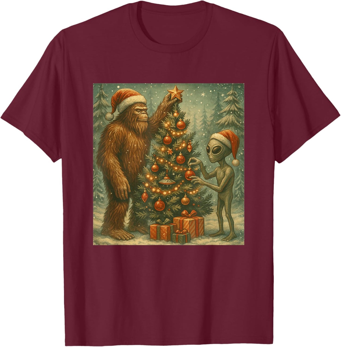 Alien and Bigfoot Decorating Christmas Tree Sasquatch Retro T-Shirt - T-Shirt | Maroon
