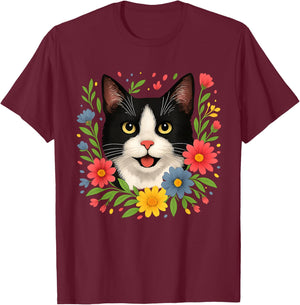 Floral Tuxedo Cat Colorful Spring Flowers Wildflowers T-Shirt - T-Shirt | Maroon