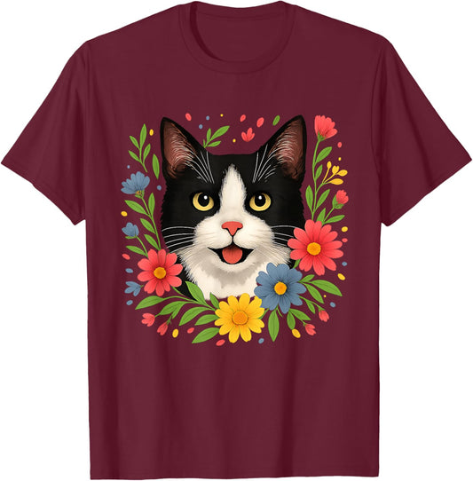 Floral Tuxedo Cat Colorful Spring Flowers Wildflowers T-Shirt - T-Shirt | Maroon
