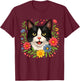 Floral Tuxedo Cat Colorful Spring Flowers Wildflowers T-Shirt - T-Shirt | Maroon