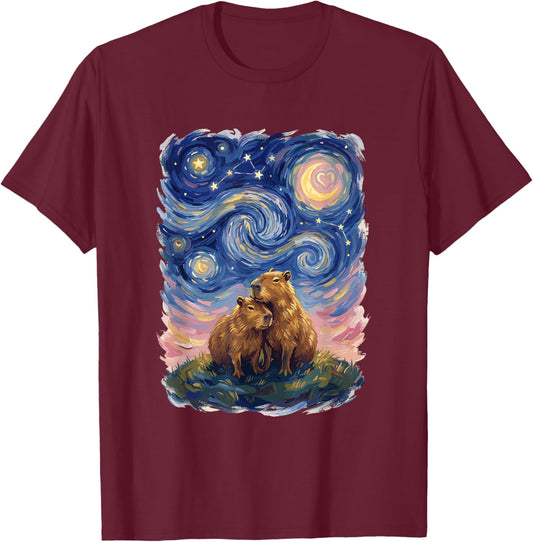 Starry Night Capybara Couple Art Parody Valentine's Day T-Shirt - T-Shirt | Maroon
