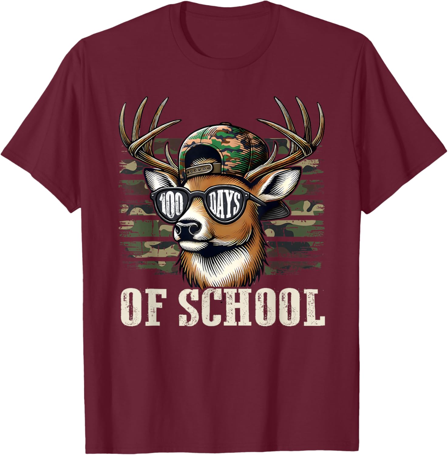 Deer Hunting Happy 100 Days of School Student Teacher Retro T-Shirt - T-Shirt | Maroon