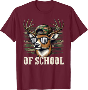 Deer Hunting Happy 100 Days of School Student Teacher Retro T-Shirt - T-Shirt | Maroon