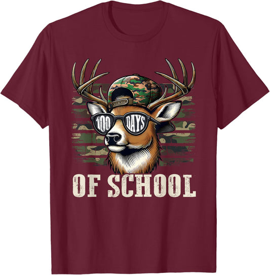 Deer Hunting Happy 100 Days of School Student Teacher Retro T-Shirt - T-Shirt | Maroon