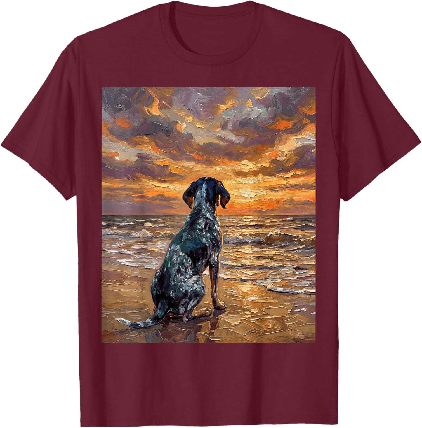 Blue Tick Coonhound on a Sunset Beach Hound Dog Artwork T-Shirt - T-Shirt | Maroon