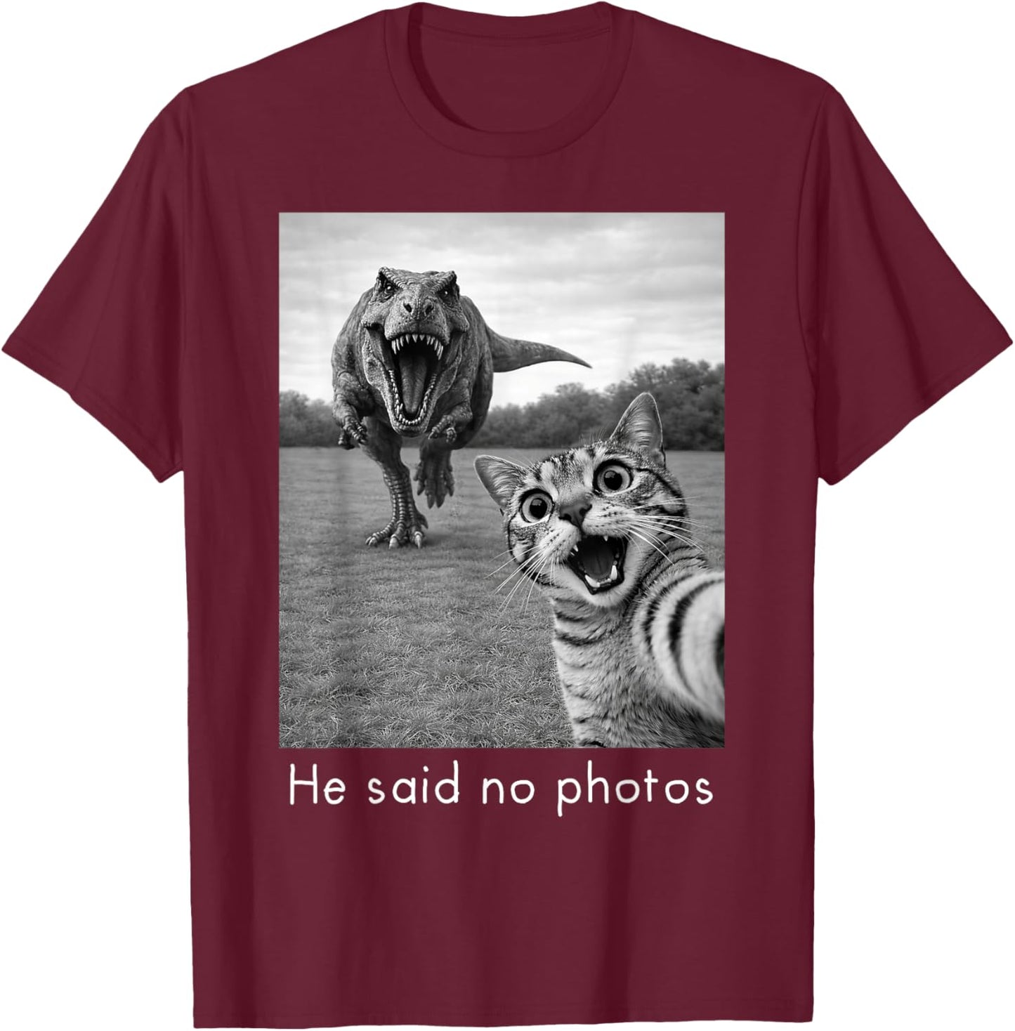 Cat Selfie with T-Rex Dinosaur He Said no Photos T-Shirt - T-Shirt | Maroon