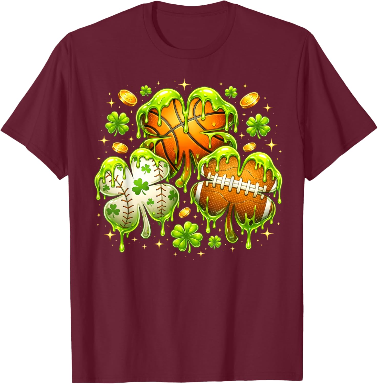 Shamrock Basketball Baseball Drip St Patrick's Day Boys Men T-Shirt - T-Shirt | Maroon