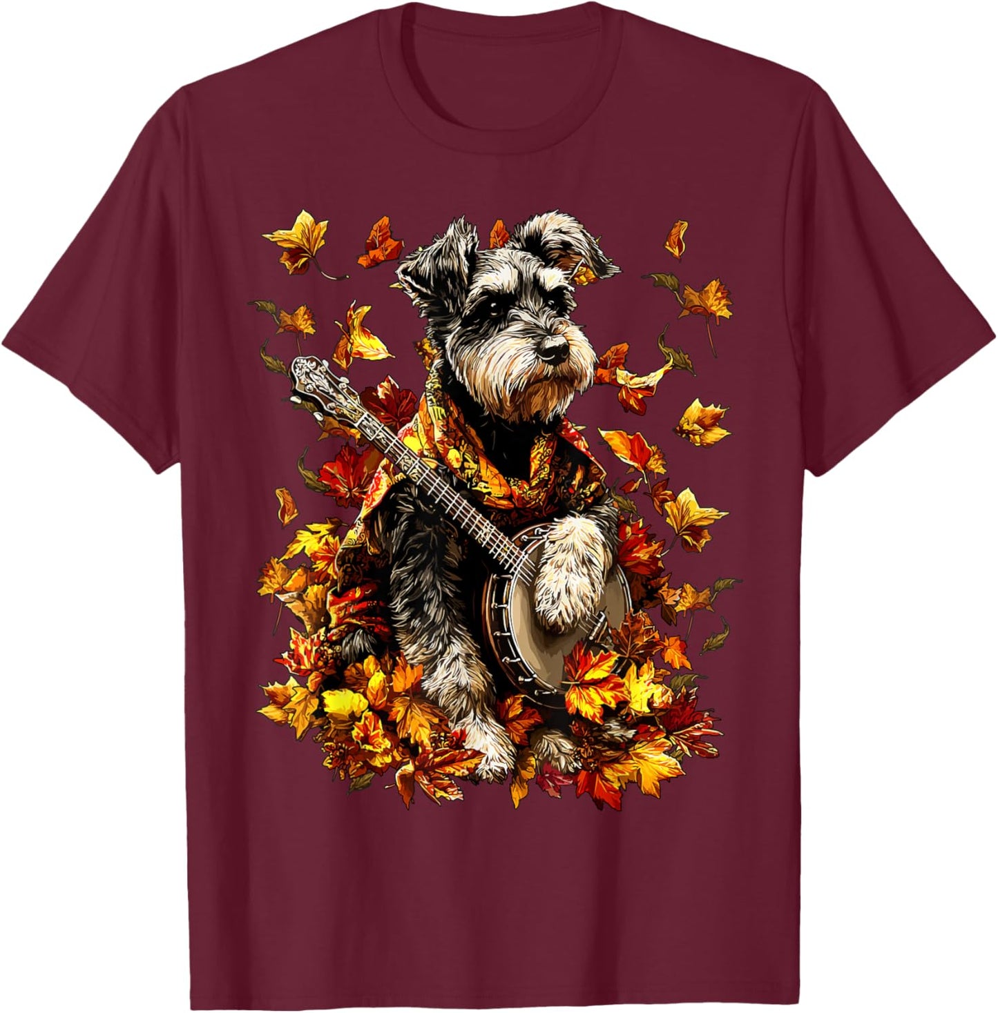 Banjoist Schnauzer Playing Banjo Fall Leaves Autumn Dog T-Shirt - T-Shirt | Maroon