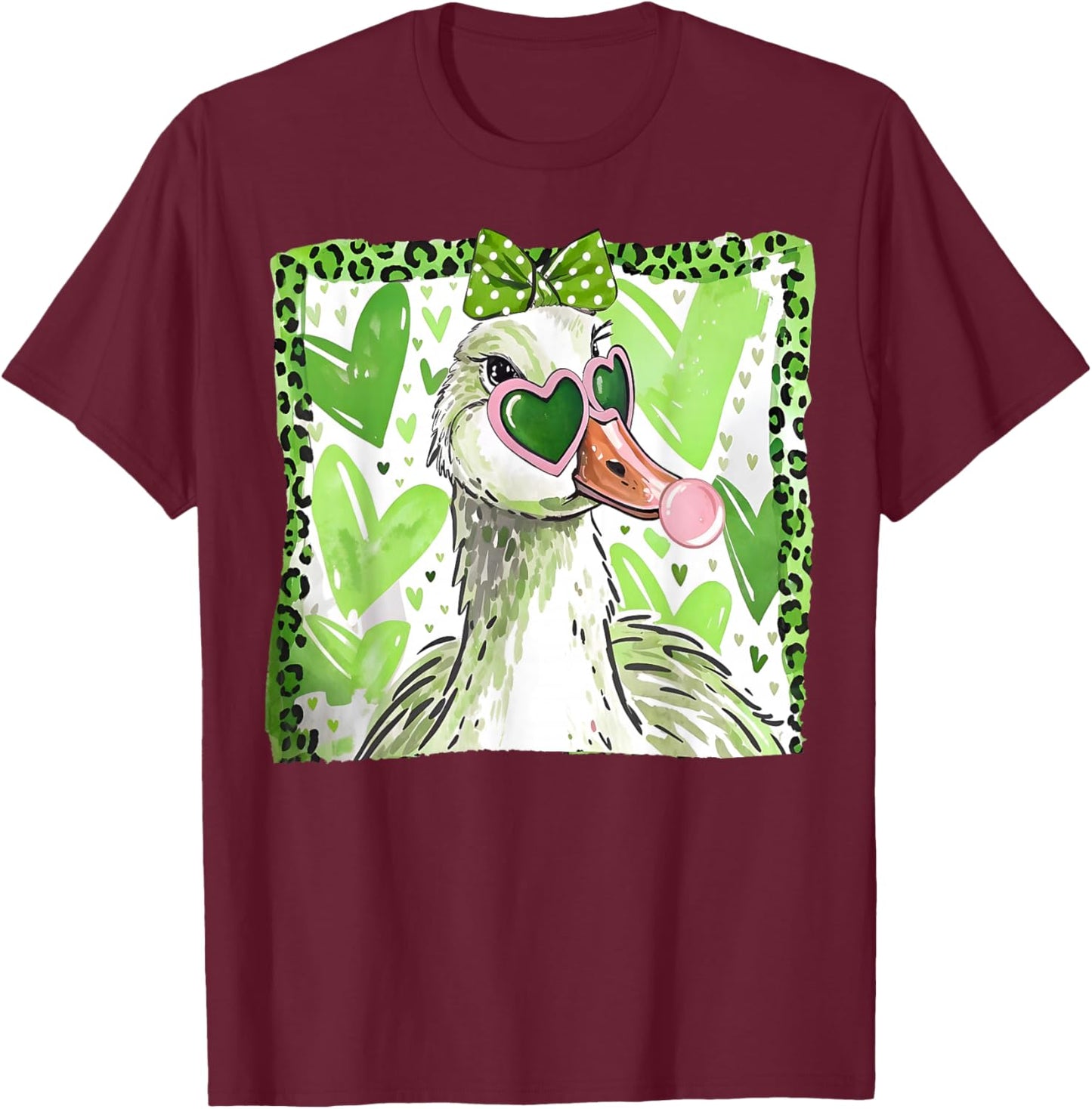St Patrick’s Day Lucky Goose Bubble Gum Leopard Shamrock T-Shirt - T-Shirt | Maroon