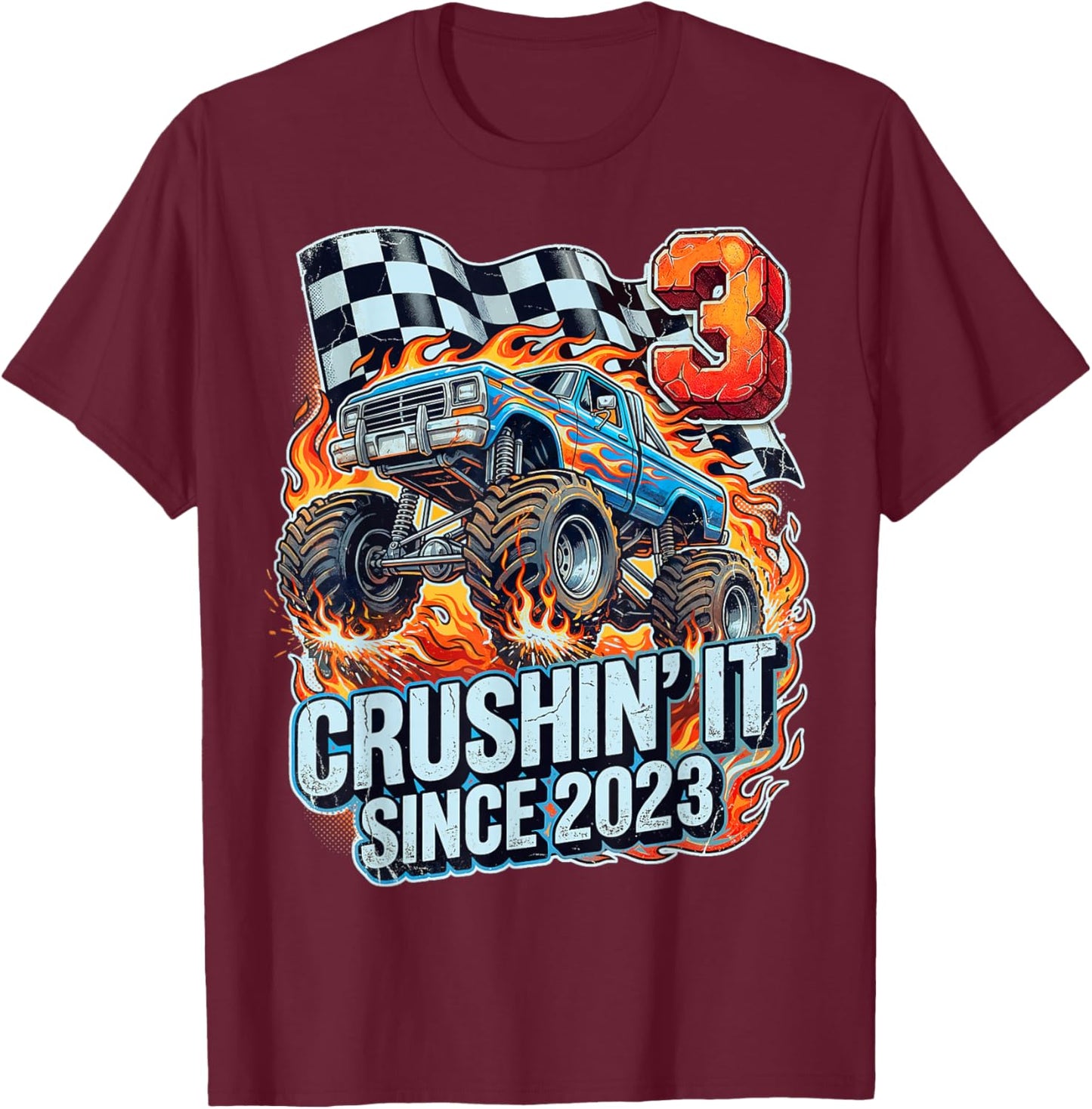 Birthday Monster Truck 3 Year Old Boys 3rd Party Born 2023 T-Shirt - T-Shirt | Maroon