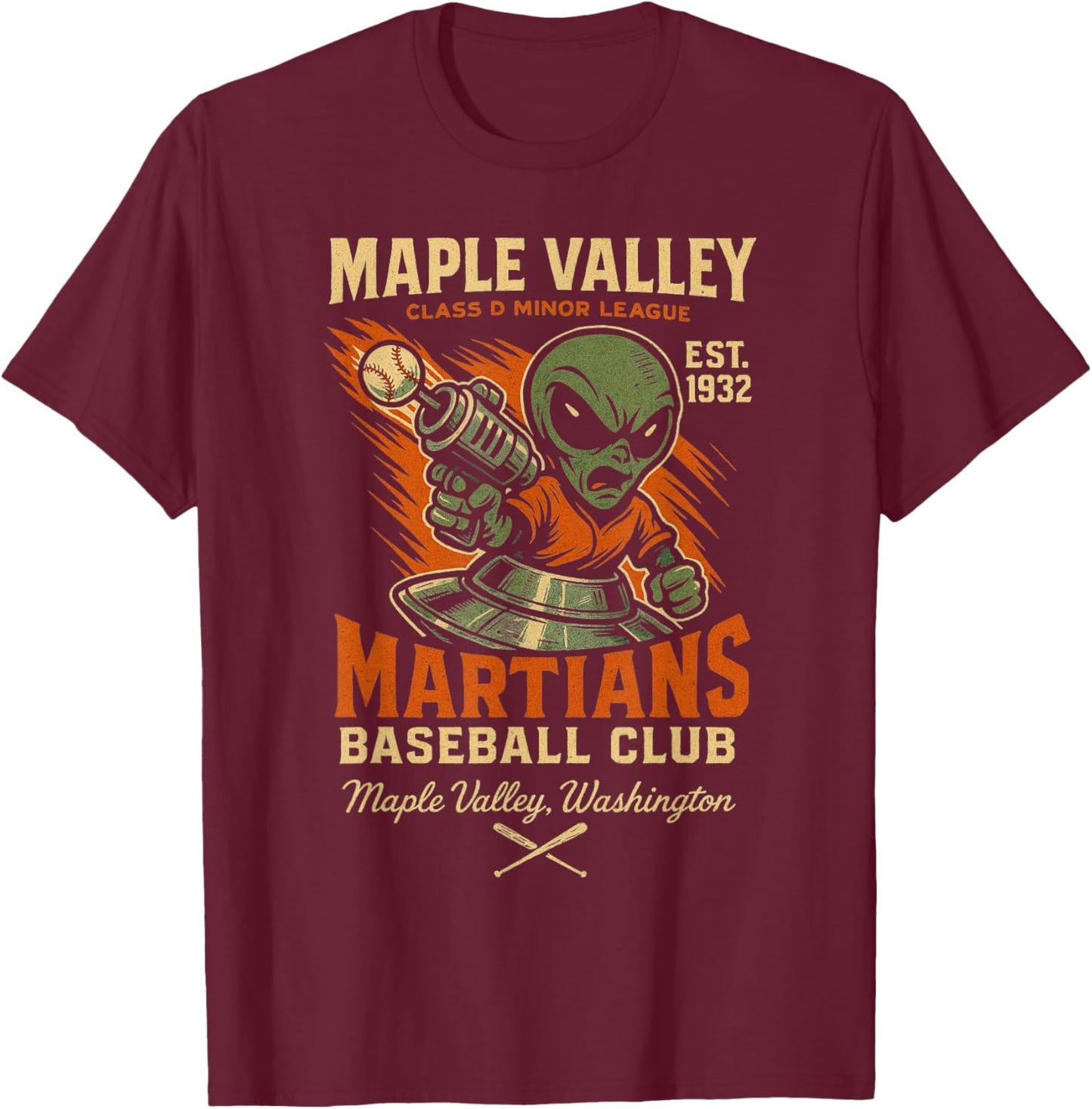 Retro Minor League Maple Valley Martians Baseball Club T-Shirt - T-Shirt | Maroon