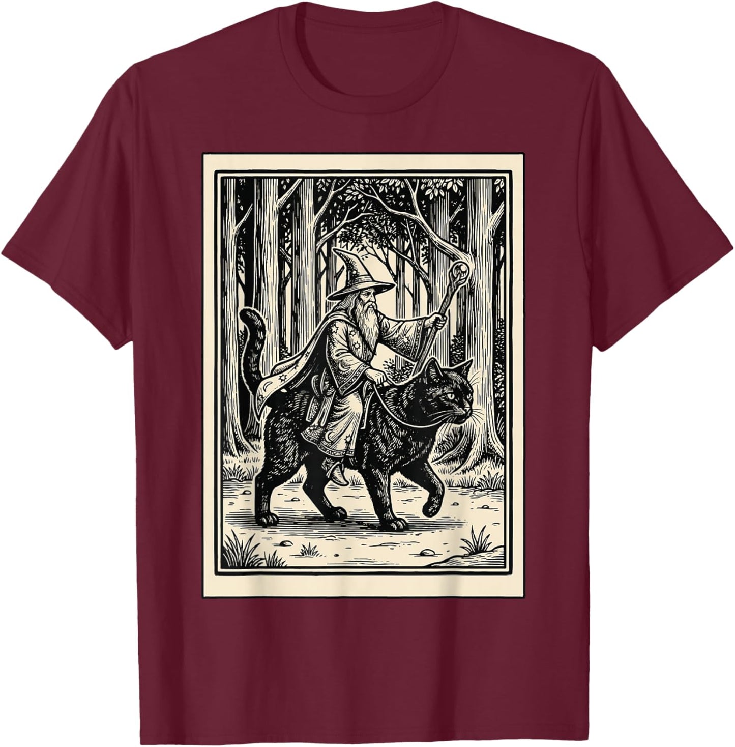 Wizard Riding Cat T-Shirt - T-Shirt | Maroon