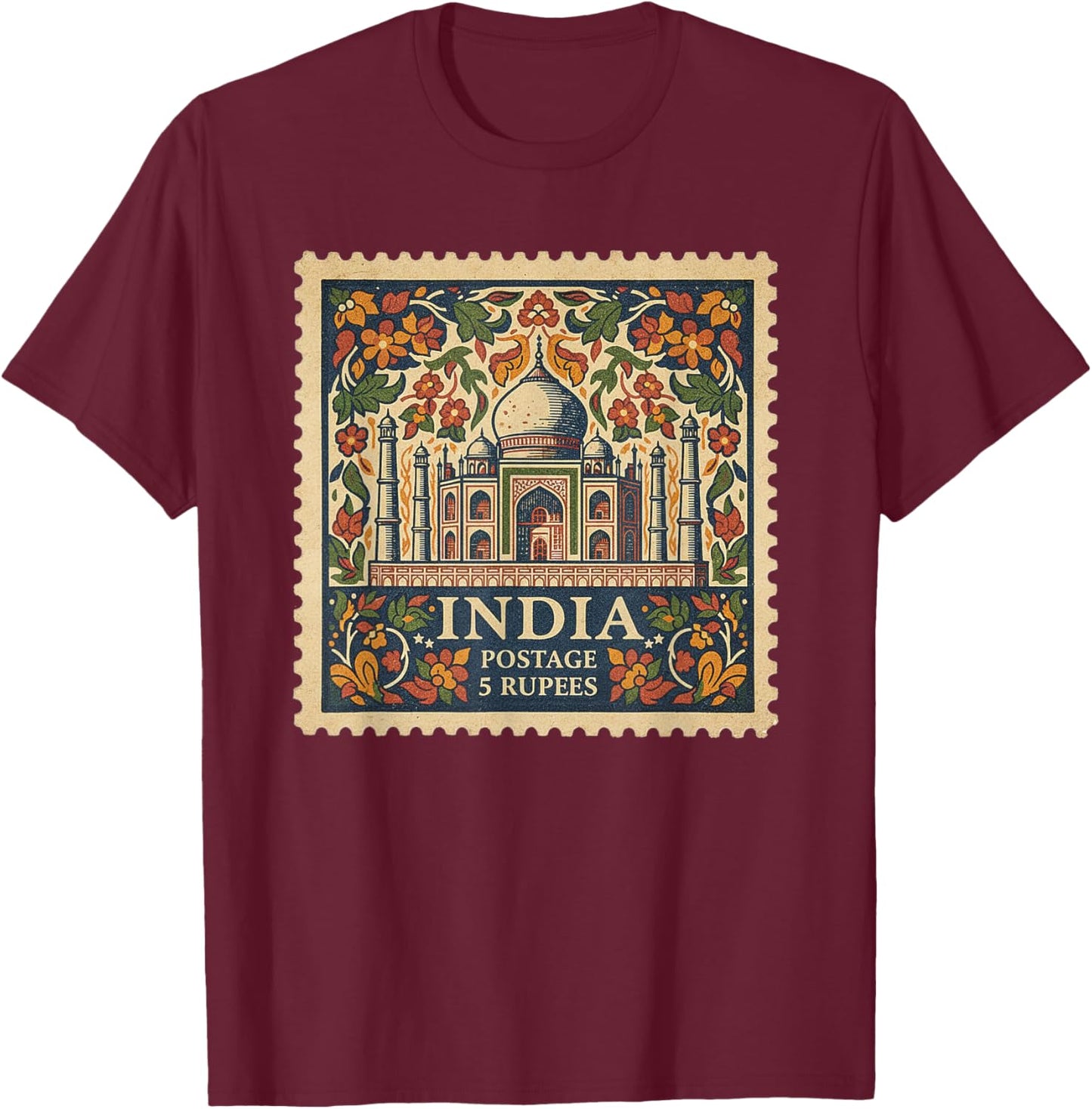 India Taj Mahal Vintage Stamp Retro Postage Floral Border T-Shirt - T-Shirt | Maroon