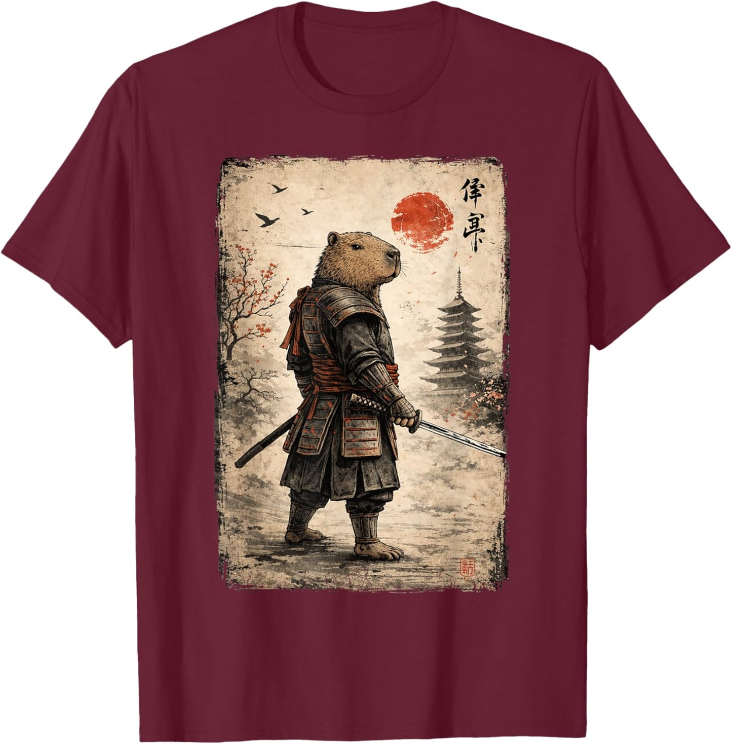 Samurai Capybara Funny Capybara Vintage Graphic Ukiyo-e Art T-Shirt - T-Shirt | Maroon