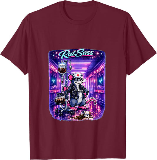 Electric Nurse Coffee IV Cartoon Caffeine Addict Retro Rat T-Shirt - T-Shirt | Maroon