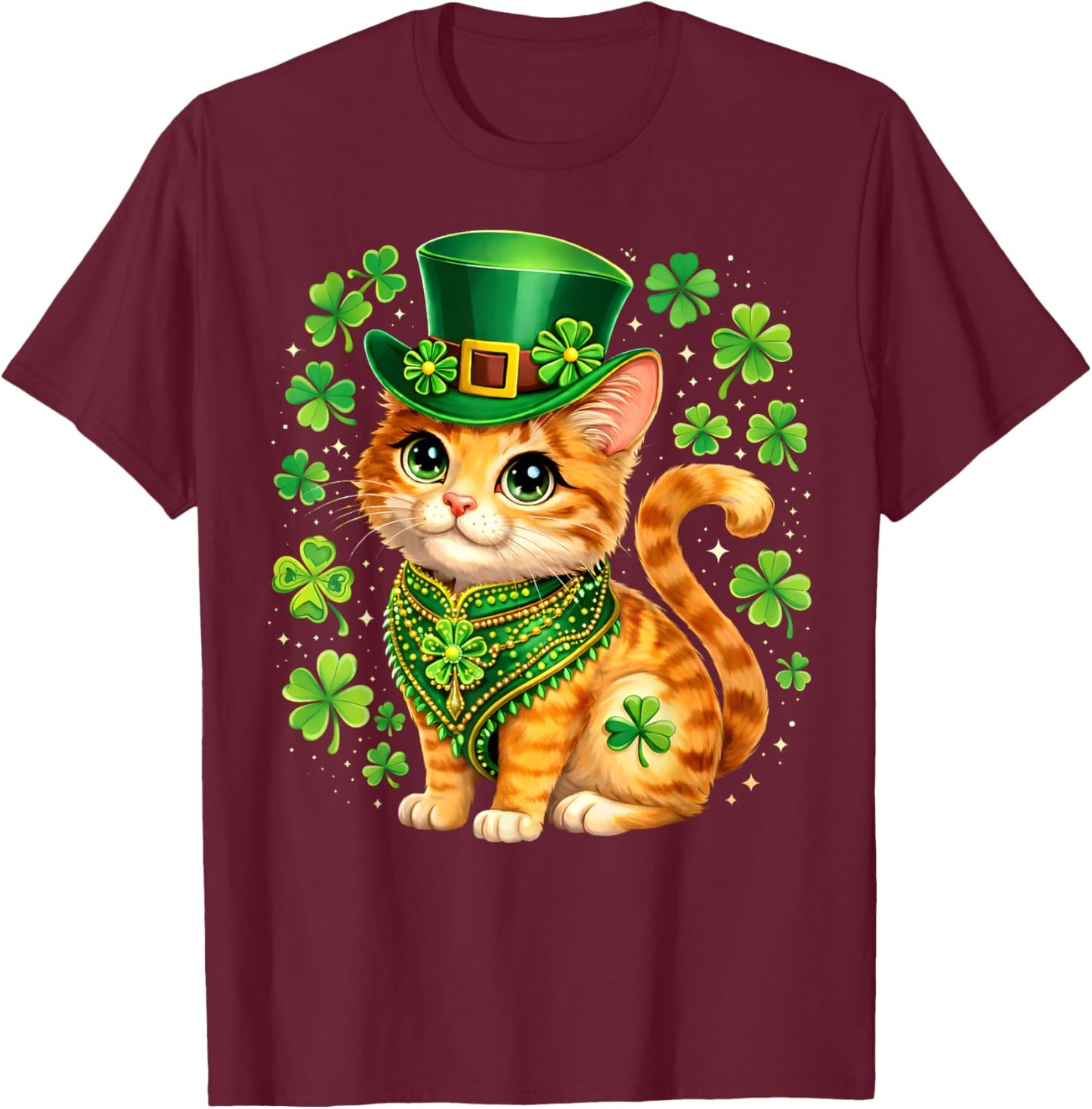 St Patricks Day Cat Leprechaun Hat Shamrock Saint Pattys Day T-Shirt - T-Shirt | Maroon