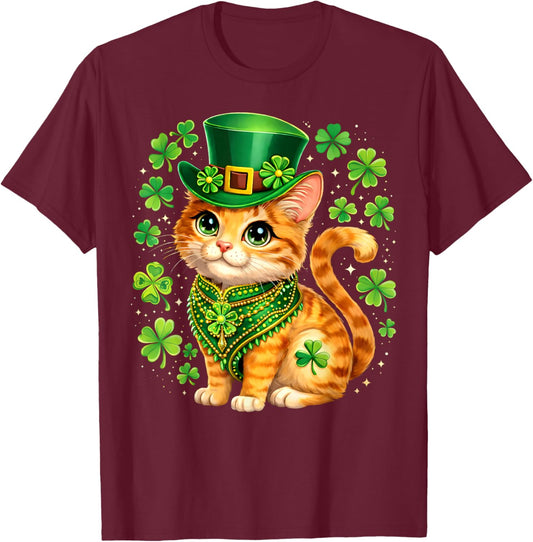 St Patricks Day Cat Leprechaun Hat Shamrock Saint Pattys Day T-Shirt - T-Shirt | Maroon