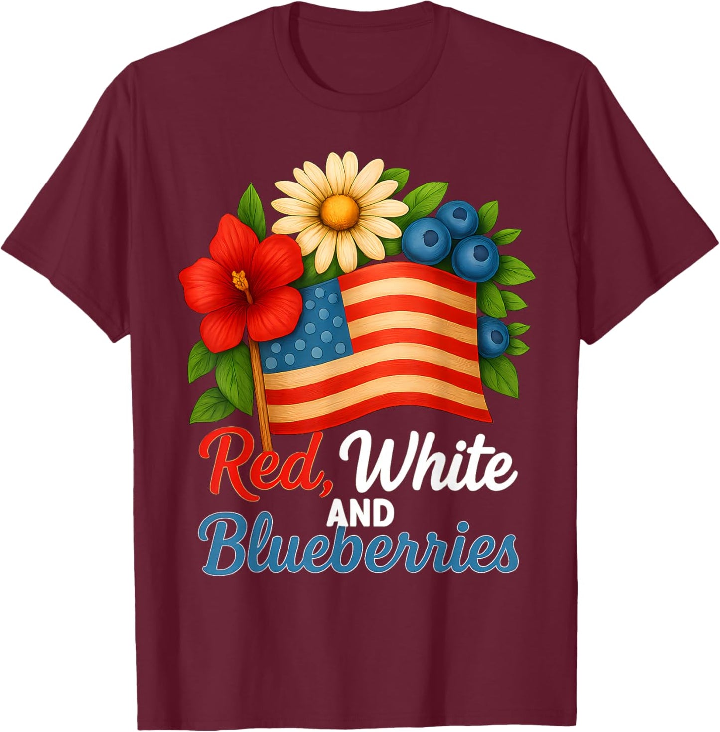 Red, White and Blueberries Floral Flag Vintage Men Women T-Shirt - T-Shirt | Maroon