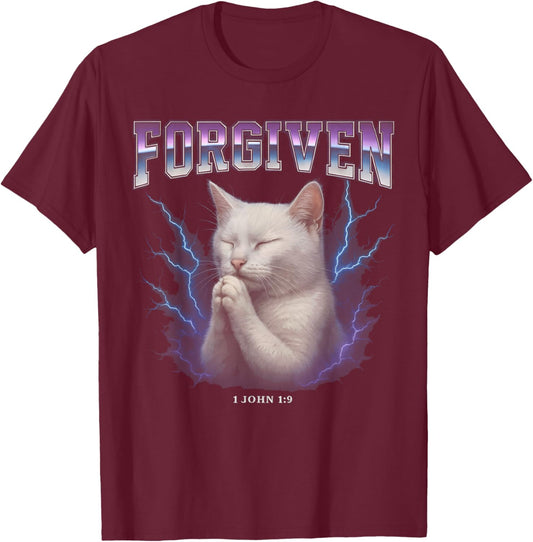 Forgiven Funny Cat Cringy Meme Overloaded Christian T-Shirt - T-Shirt | Maroon